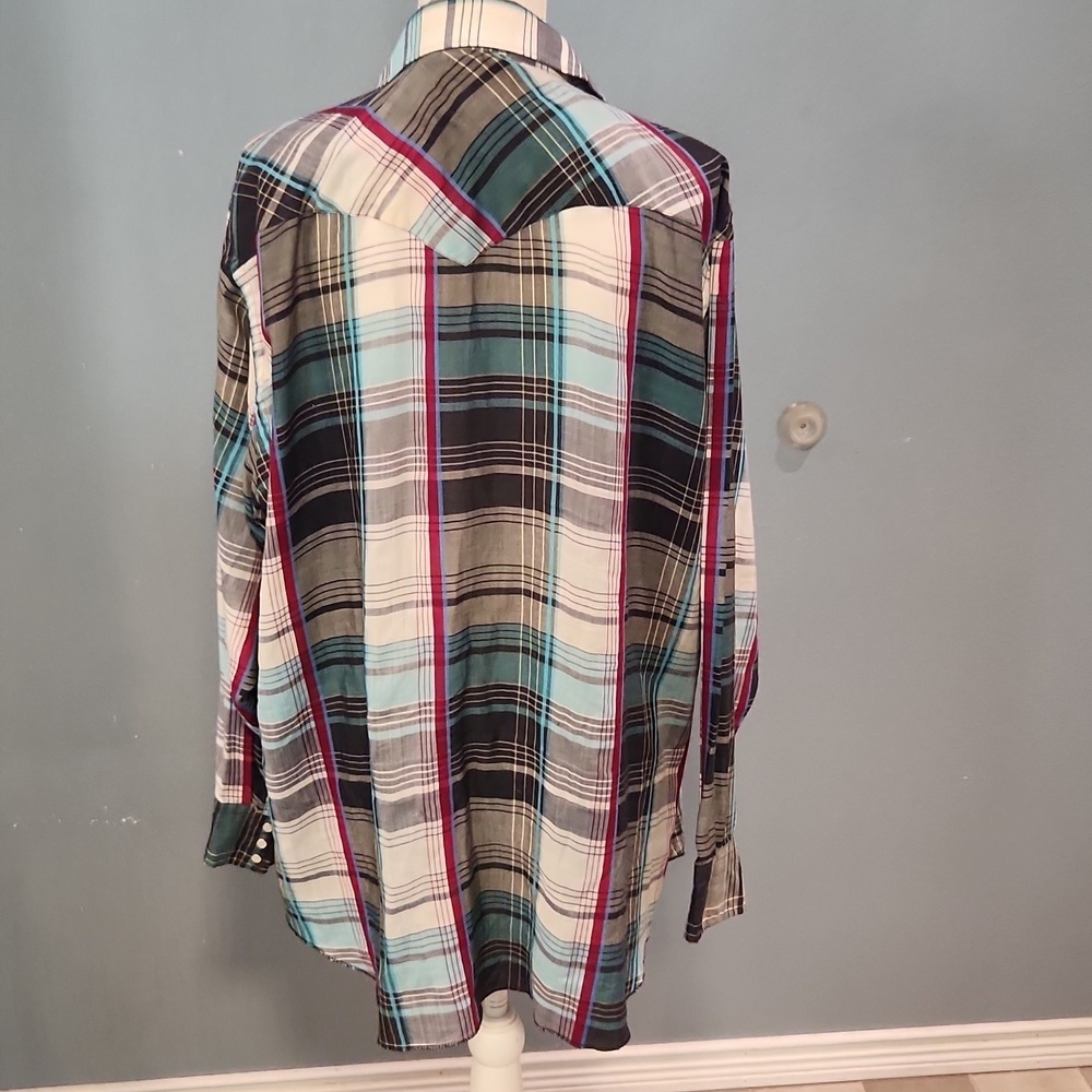 Vintage 80's Cowboy Cut Regular Fit X-long Tail Western Pearl Snaps Plaid Shirt - Picture 4 of 8